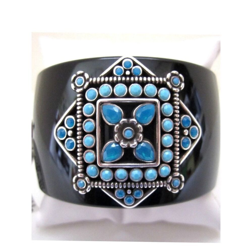 Vtg Brighton Black Nepal Resin Cuff Bracelet w/Blue Stone Accents Boho Western